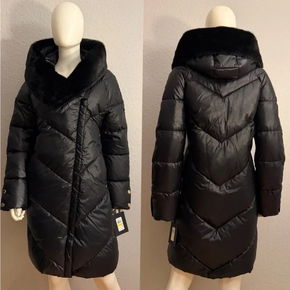 NWT‎ H by HALSTON Black Quilted Puffer Coat Asymmetric Oversized Faux Fur Collar - Picture 17 of 17